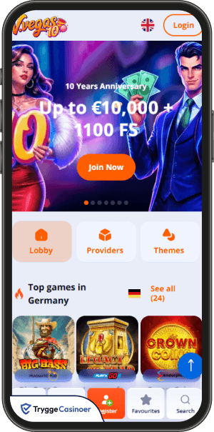 brukergrensesnittet i v.vegas mobilkasinoets lobby