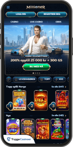 brukergrensesnittet i millioner casino mobilkasinoets lobby