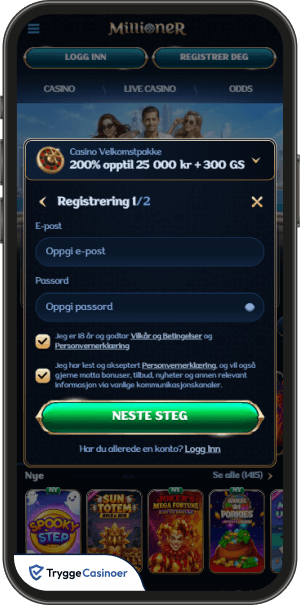 registreringsskjema for millioner casino