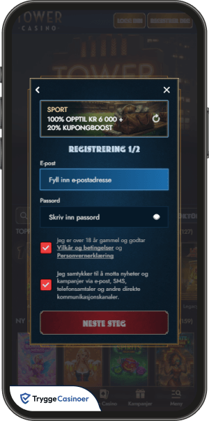 registreringsskjema for towercasino