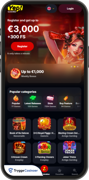 brukergrensesnittet i yep mobilkasinoets lobby
